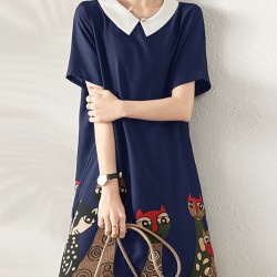 Cartoon Cat Print Contrast Peter Pan Collar Short Sleeve Dress