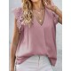 Solid Lace Patchwork V Neck Casual Blouse