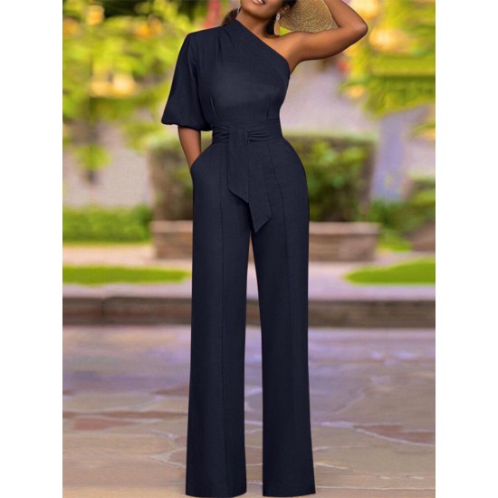 High Waist Solid Pocket Asymmetrical One Shoulder Jumpsuit