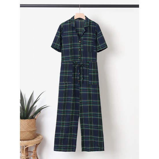 Plaid Print Button Pocket Short Sleeve Wide Leg Jumpsuit