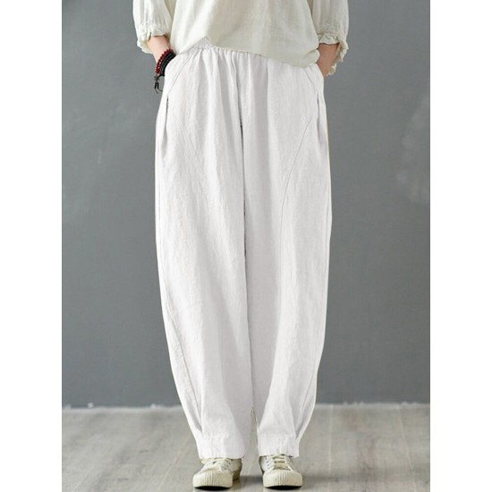 Solid Cotton Pocket Elastic Waist Casual Loose Pants