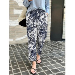 Women 100  Cotton Plants And Flowers Printing Maxi Length Pants