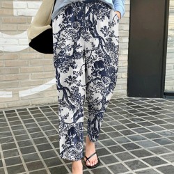 Women 100  Cotton Plants And Flowers Printing Maxi Length Pants