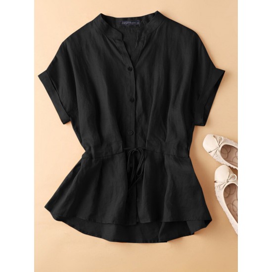 Solid Button Drawstring V Neck Roll Sleeve Casual Cotton Blouse