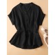 Solid Button Drawstring V Neck Roll Sleeve Casual Cotton Blouse