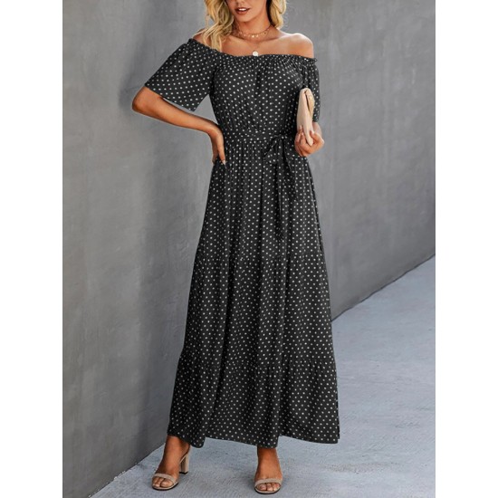 Dot Print Off Shoulder Short Sleeve Dress With Belt