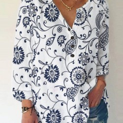 Print Button Long Sleeve Casual Blouse