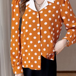 Polka Dot Contrast Color Lapel Button Long Sleeve Casual Shirt