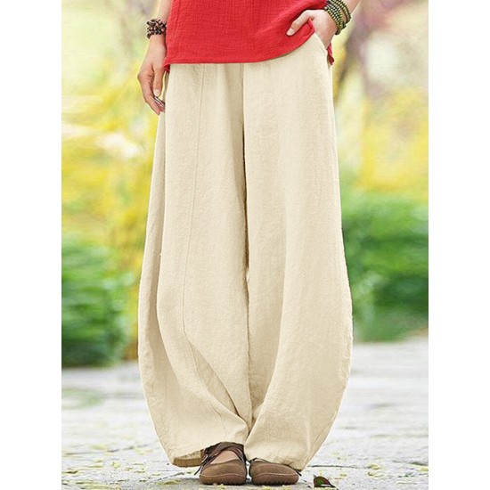 Solid Pocket Elastic Waist Cotton Casual Pants