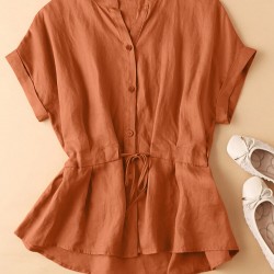 Solid Button Drawstring V Neck Roll Sleeve Casual Cotton Blouse