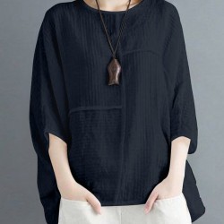 Solid Round Neck Bat Sleeve Casual Blouse