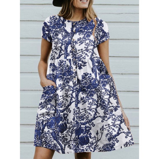 Cotton Plant Print Button Pocket Short Sleeve Midi Dress