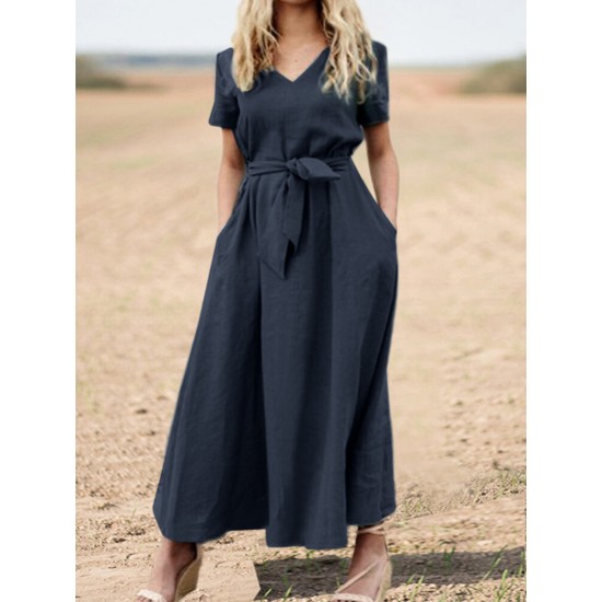 Solid Pocket Sash Short Sleeve Cotton Casual Maxi Dress