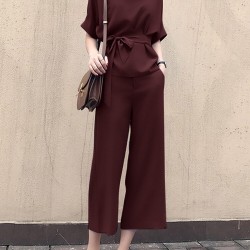 Solid Belt Pocket Rolled Sleeve Wide Leg Two Pieces Suit