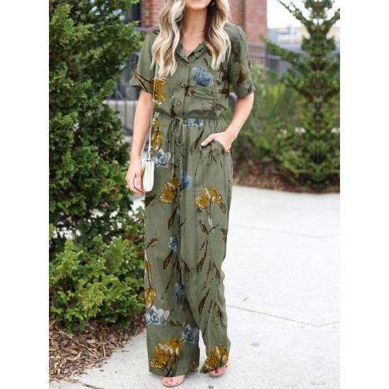 Floral Print Button Pocket Short Sleeve Wide Leg Jumpsuit