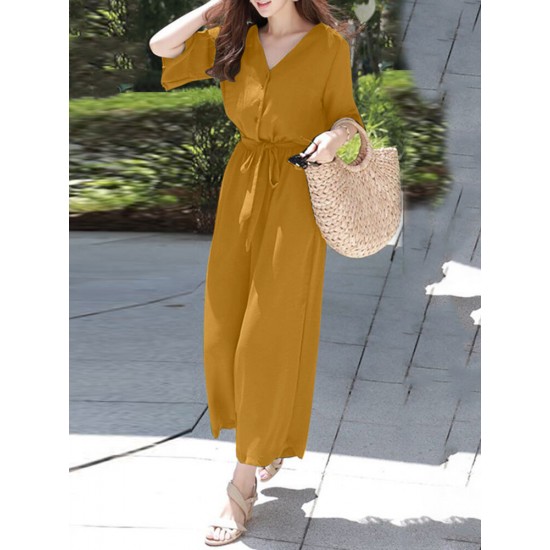 Solid Belt Pocket Button Ruffle Sleeve V  neck Jumpsuit