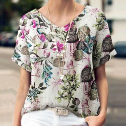 Plant Print V Neck Short Sleeve Casual Blouse