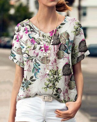 Plant Print V Neck Short Sleeve Casual Blouse