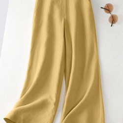 Leisure Solid Button Pocket Wide Leg Cotton Pants