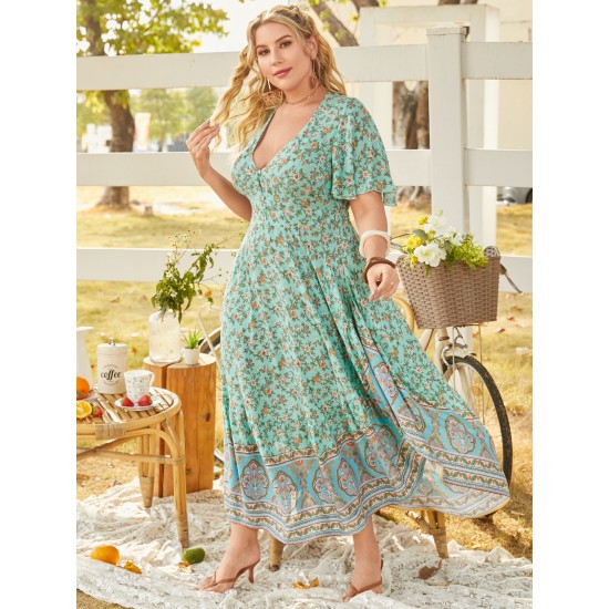 Plus Size V  neck Tribal Button Design Short Sleeves Maxi Dress