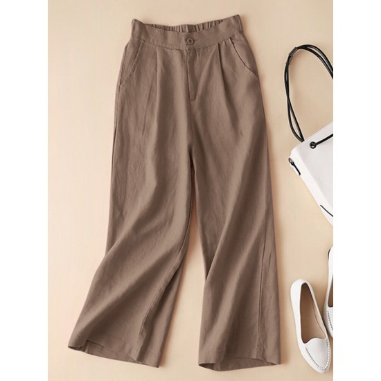 Solid Elastic Waist Pocket Button Wide Leg Pants