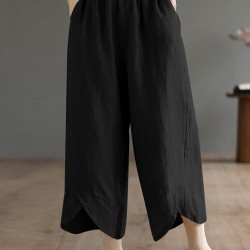 Solid Asymmetrical Hem Pocket Wide Leg Crop Pants