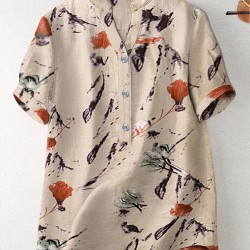 Random Flower Print Button Short Sleeve V  neck Blouse