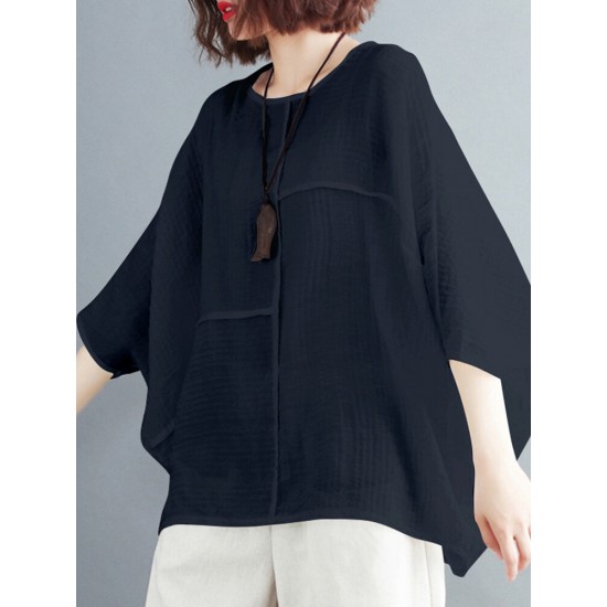 Solid Round Neck Bat Sleeve Casual Blouse