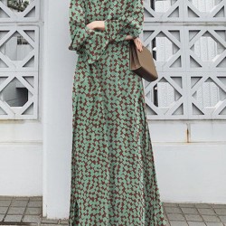 Geo Print Long Sleeve Slit Side Crew Neck Maxi Dress