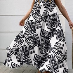 Geometry Print Backless Sleeveless V Neck Spaghetti Maxi Dress