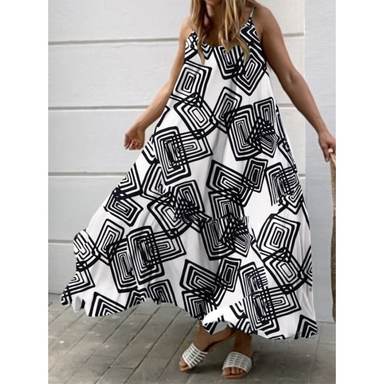 Geometry Print Backless Sleeveless V Neck Spaghetti Maxi Dress