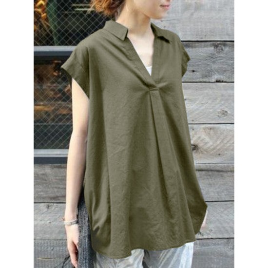 Solid Ruched V Neck Short Sleeve Casual Blouse