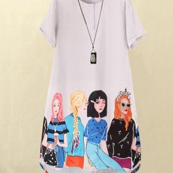 Cartoon Girls Graphic Pocket Short Sleeve Button Dress