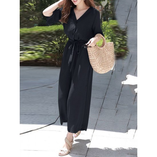 Solid Belt Pocket Button Ruffle Sleeve V  neck Jumpsuit