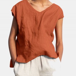 Solid Pocket Slit V  neck Short Sleeve Casual Blouse