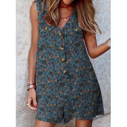 Leisure Calico Button Pocket Sleeveless V Neck Cotton Romper