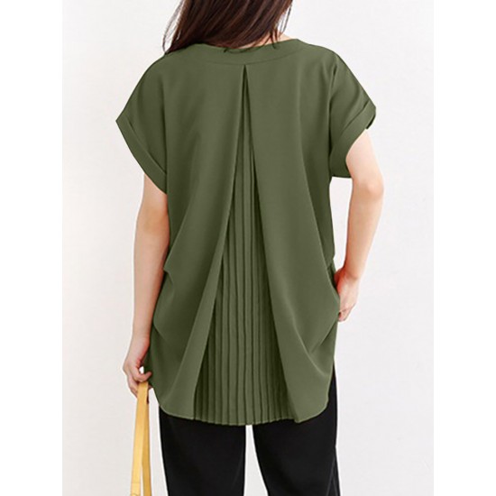 Solid Ruched Short Sleeve V Neck Casual Blouse