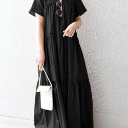 Solid Lettuce Edge V  neck Short Sleeve Swing Maxi Dress