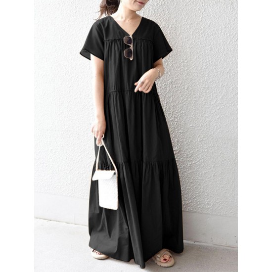 Solid Lettuce Edge V  neck Short Sleeve Swing Maxi Dress