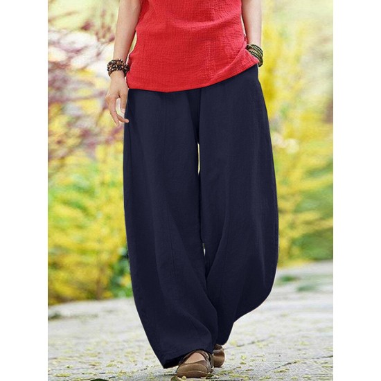 Solid Pocket Elastic Waist Cotton Casual Pants