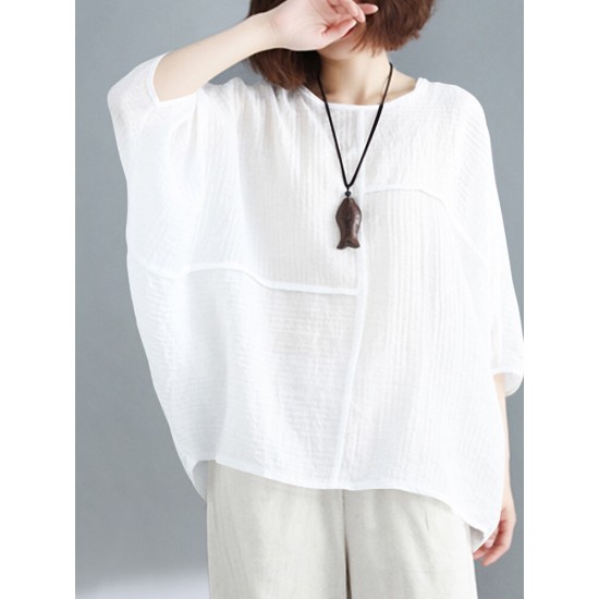 Solid Round Neck Bat Sleeve Casual Blouse