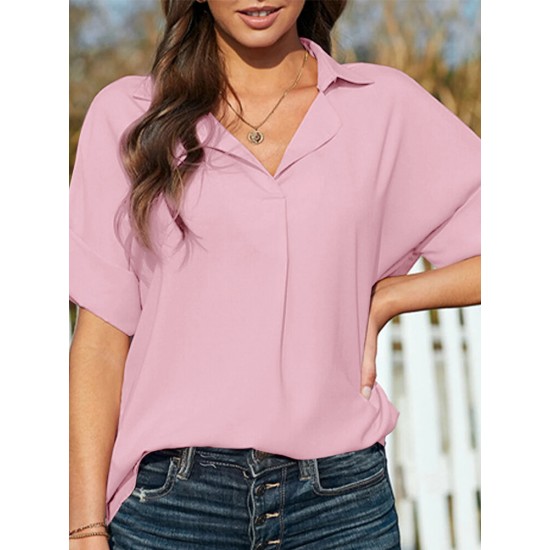 Solid Lapel Half Sleeve Casual Blouse