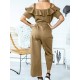 Solid Color Button Pocket Drawstring Off  shoulder Ruffle Casual Jumpsuit