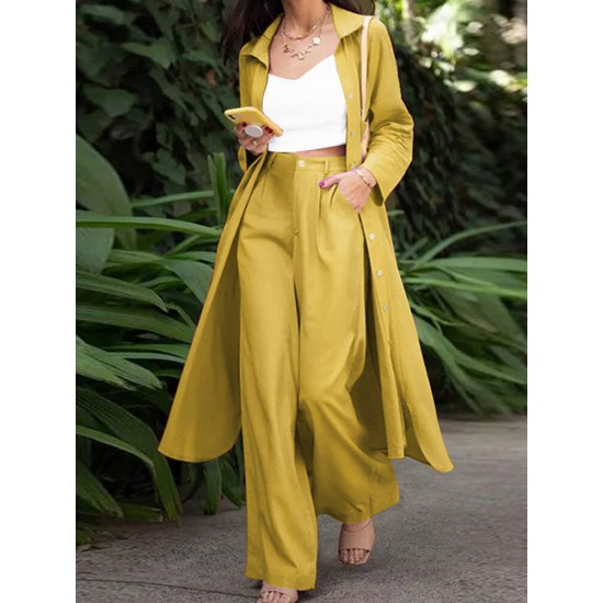 Solid Pocket Button Lapel Long Sleeve Two Pieces Set Women