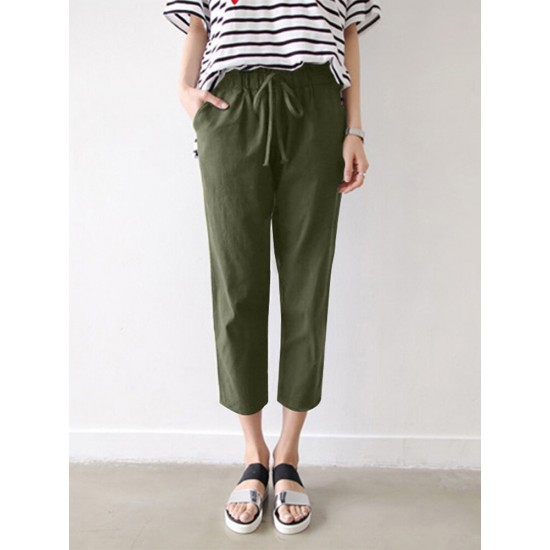 Leisure Solid Drawstring Pocket Cotton Casual Pants