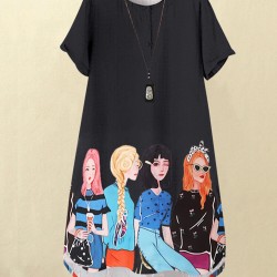 Cartoon Girls Graphic Pocket Short Sleeve Button Dress