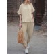 Solid Ruffle Pocket Half Sleeve Round Neck Suit