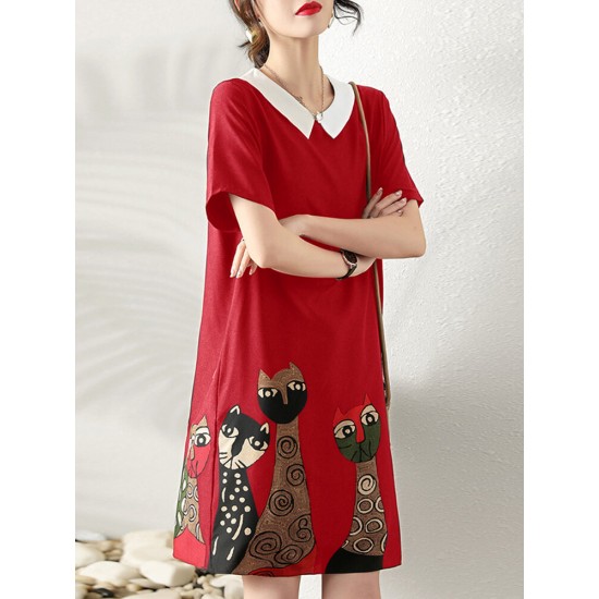 Cartoon Cat Print Contrast Peter Pan Collar Short Sleeve Dress