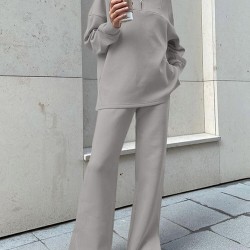 Women Turtleneck Solid Color Ankle Length Zipper Elastic Waist Two  Piece Sets