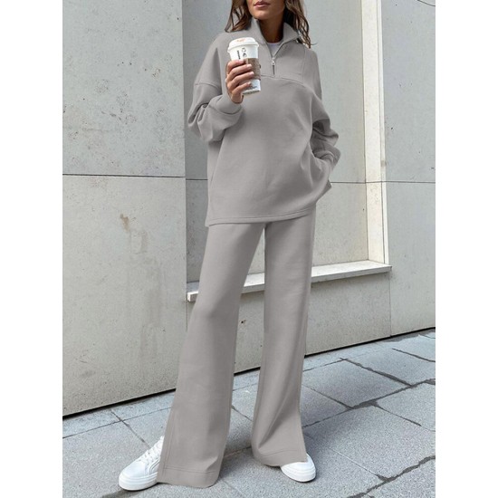 Women Turtleneck Solid Color Ankle Length Zipper Elastic Waist Two  Piece Sets